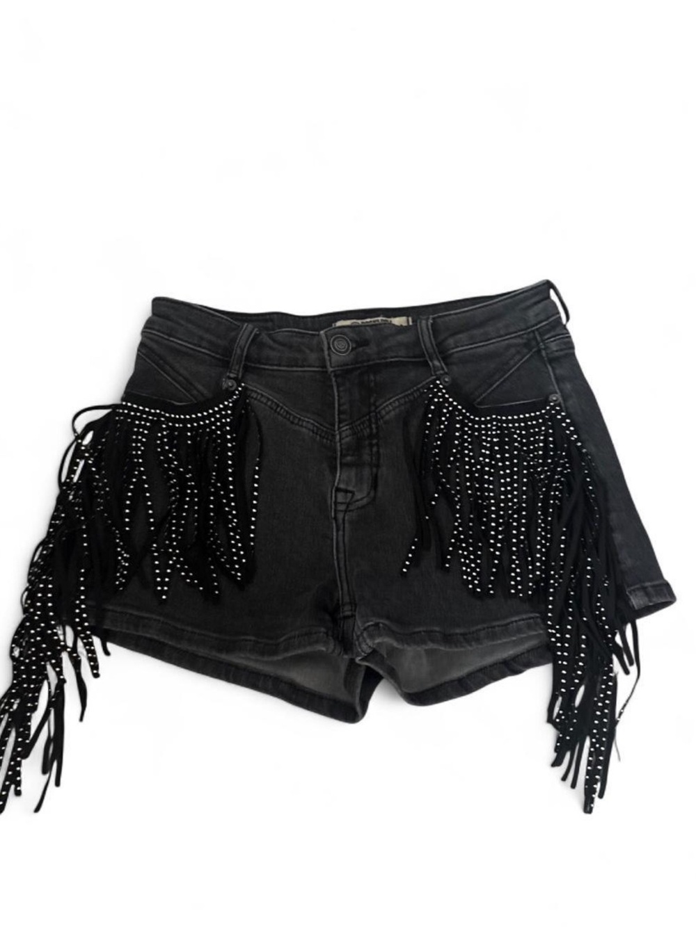 Black Fringe Studded High-Rise Denim Shorts 27